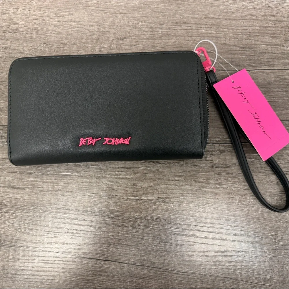 Betsey Johnson Black Wallet Rainbow Heart Gem Accents Wristlet
